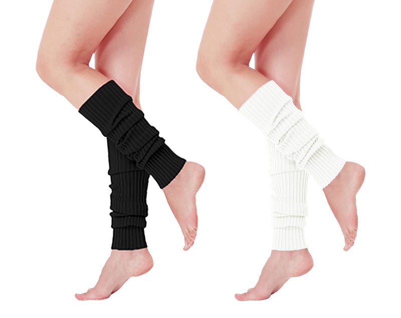v28 V28Women Winter 80s Eighty's Warm Leg Warmers Knitted Long Socks,2 pack (Black+White) - Image 2